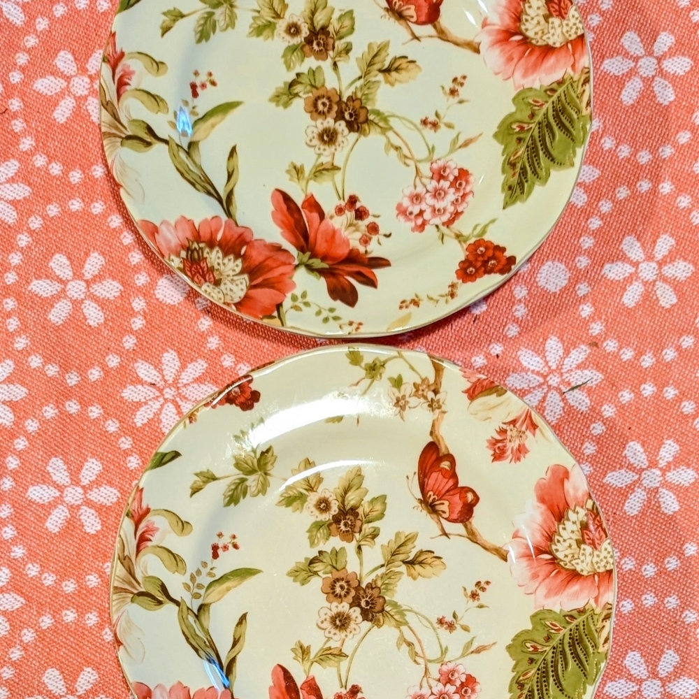 Elegant Pale Celery Green & Coral-Red Dessert Plates, Porcelain Set Of 4 - Picture 2 of 5